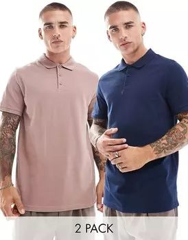 Набор из двух рубашек-поло из пике ASOS DESIGN коричневого и темно-синего цвета