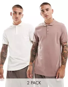 Набор из двух рубашек-поло из пике ASOS DESIGN кремового и коричневого цвета