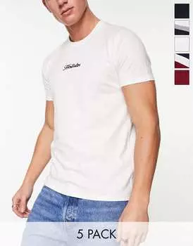Набор из пяти однотонных футболок с логотипом и полосками на груди Hollister