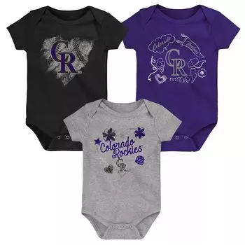 Набор из трех боди для младенцев черного/фиолетового/серого цвета Colorado Rockies Batter Up Outerstuff