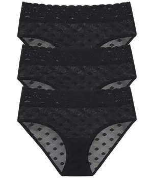 Набор из трех кружевных хипстерских трусиков Skarlett Blue Dare с цветочной отделкой в горошек, черный
