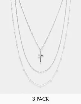 Набор из трех серебряных колье Faded Future с жемчугом, крестами и цепочками