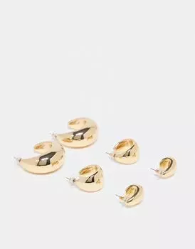 Набор из трех серег-колец ASOS DESIGN элегантного широкого дизайна золотистого цвета