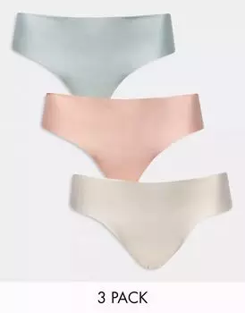 Набор из трех стрингов ASOS DESIGN Curve из прозрачной ткани и кружева сиреневого, синего и цветочного цветов