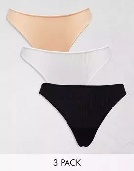 Набор из трех стрингов в рубчик ASOS черного, белого и бежевого цвета