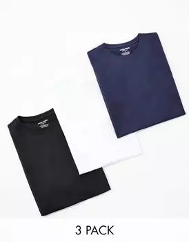 Набор из трех удлиненных футболок с закругленным краем Jack & Jones Originals белого/темно-синего/черного цвета