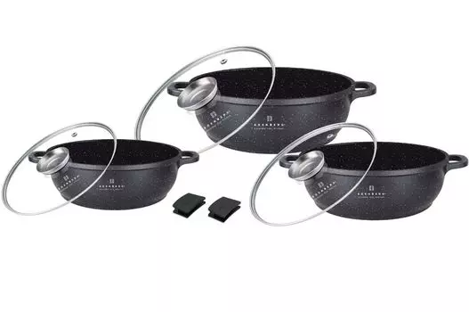 Набор кастрюль, черный матовый, 6 предметов, низкие кастрюли, стеклянная крышка, индукция, каменное покрытие (2,5 л / 4,1 л / 5,5 л) EDENBERG