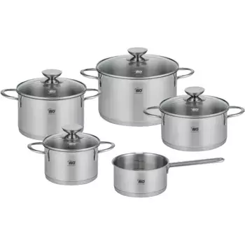 Набор кастрюль Elo "Галант", нержавеющая сталь 18/10, (набор, 9 предметов, жаровня 20 см, кастрюля для мяса 16/20/24 см, кастрюля 16 см), встроенная система дозирования масла (Oil Optimizer), индукция, цвет edelstahlfarben