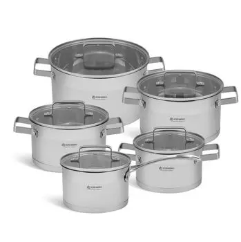 Набор кастрюль из 10 предметов из нержавеющей стали со стеклянной крышкой: кастрюли для приготовления пищи, кастрюля для супа, кастрюля для компота, большие кастрюли (1,9 л / 2,7 л / 3,6 л / 6,1 л) EDENBERG