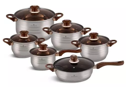 Набор кастрюль из 12 предметов, запеканка, сковорода, стеклянная крышка, нержавеющая сталь ИНДУКЦИЯ EDENBERG