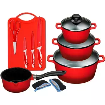Набор кастрюль KING "ALUGUSS", литой алюминий, (набор, 14 предметов, 1 кастрюля 16/20/24 см, 1 кастрюля 16 см, разделочная доска с ножом), керамическое антипригарное покрытие, индукция, красный