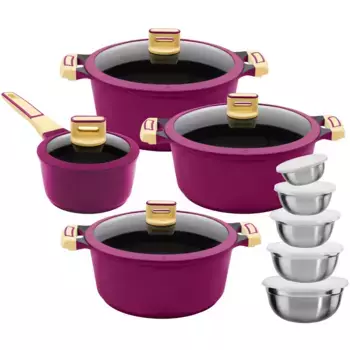 Набор кастрюль KING, литой алюминий, (набор, 18 предметов, кастрюля 18/20/24 см, кастрюля 16 см, набор мисок), антипригарное покрытие, индукция, цвет flieder