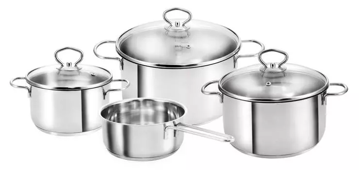 Набор кастрюль Merkur (нержавеющая сталь, индукционная, 4 предмета, с разливным бортиком, литровой шкалой и стеклянной крышкой) KOPF