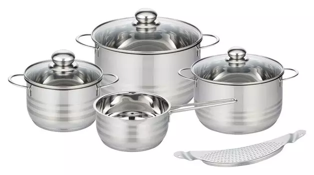 Набор кастрюль - нержавеющая сталь - с крышкой - 5 предметов - с разливочным приспособлением из нержавеющей стали ELO Stahlwaren GmbH, серебро