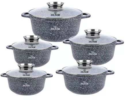 Набор кастрюль, серые кастрюли с керамическим мраморным покрытием, индукционные кастрюли, стеклянные крышки, (5,6 л/4,5 л/3,2 л/2,3 л/1,3 л) Zilner, серый