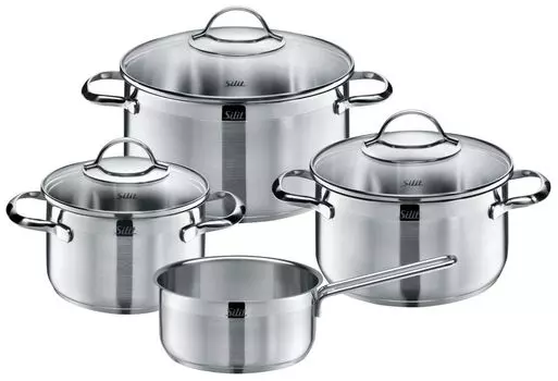 Набор кастрюль Silit Achat, 4 предмета, кастрюли со стеклянными крышками, индукционные кастрюли, полированная нержавеющая сталь, индукция, без покрытия, подходят для духовки