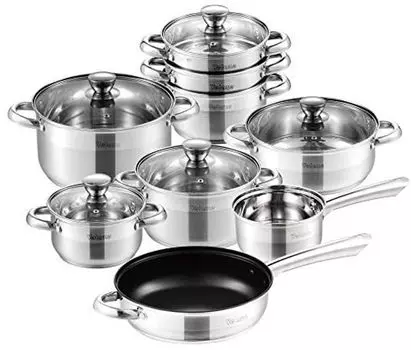 Набор кастрюль Velaze из нержавеющей стали, индукционный набор кастрюль, 5 кастрюль, 1 сковорода, 1 поддон для молока и 2 вставки для приготовления на пару, подходят для всех типов плит, набор кастрюль со стеклянной крышкой, нержавеющий и прочный