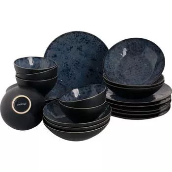 Набор керамической посуды Palmer Blue Lester на 6 персон – обеденный сервиз 24 предмета. темно-синий, матовый черный снаружи, можно мыть в посудомоечной машине