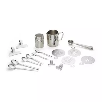 Набор кофейных аксессуаров Echtwerk, 23 предмета, кувшин для молочной пены 350 мл, шейкер для какао, 4 эспрессо, 4 капучино, 4 ложки для латте макиато, 4 зажима для кофе, 4 трафарета для кофе, мерные ложки для кофе, серебро
