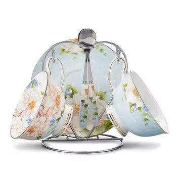 Набор кофейных сервизов Panbado из костяного фарфора премиум-класса, включает в себя 2 кофейные чашки, 2 блюдца, 2 ложки, металлическую подставку, цельную