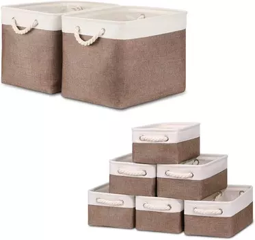 Набор корзин Bidtakay Тканевые корзины для хранения — белые и землисто-коричневые корзины в комплекте из 2 больших корзин 16 x 11,8 x 11,8 дюймов + 6 маленьких корзин 11,8 x 7,8 x 5 дюймов, Brown