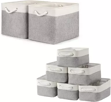 Набор корзин Bidtakay Тканевые корзины для хранения — белые и серые корзины в комплекте из 2 больших корзин 16 x 11,8 x 11,8 дюймов + 6 маленьких корзин 11,8 x 7,8 x 5 дюймов