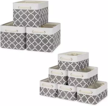 Набор корзин Bidtakay Тканевые корзины для хранения — белые и серые четырехлистники В комплекте корзины из 3 средних корзин 15 x 11 x 9,5 дюймов + 6 маленьких корзин 11,8 x 7,8 x 5 дюймов для полок, организации
