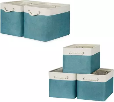 Набор корзин Bidtakay Тканевые корзины для хранения - бирюзовые синие корзины в комплекте из 2 больших корзин 16 x 11,8 x 11,8 дюймов + 3 средних корзины 15 x 11 x 9,5 дюймов для шкафа, полок