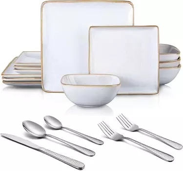 Набор кованой серебряной посуды E-far из 60 предметов на 12 и 12 предметов, набор столовых приборов из квадратной керамики на 4 персоны, набор столовых приборов из нержавеющей стали, наборы белых тарелок и мисок из ракушек