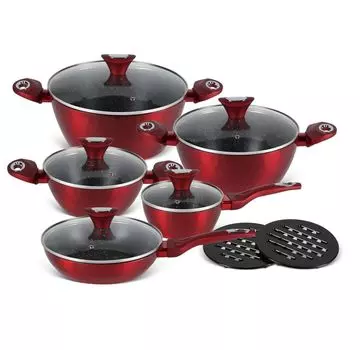 Набор красных кастрюль, 12 предметов, запеканка, кастрюля, сковорода, подставка, кухонная утварь, керамика, (1,15 л / 1,85 л / 2,1 л / 4,65 л / 5,76 л) EDENBERG, красный