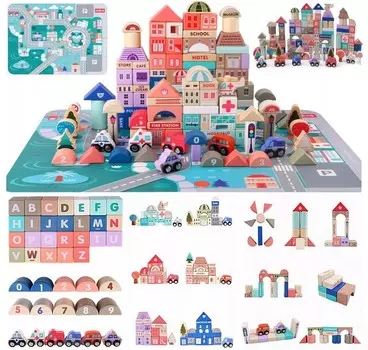 Набор красочных деревянных кубиков «Город», 115 предметов. Замечательный набор красочных образовательных деревянных кубиков. Ape Trade