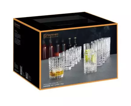 Набор кружек Nachtmann Highland Square, 12 предметов, стаканы для бара, стакан для лонг-дринка, виски, прозрачный