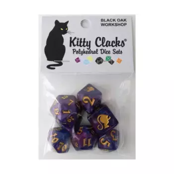 Набор кубиков — Фортуна, синий и фиолетовый вихри с золотом (7), Kitty-Clacks Dice