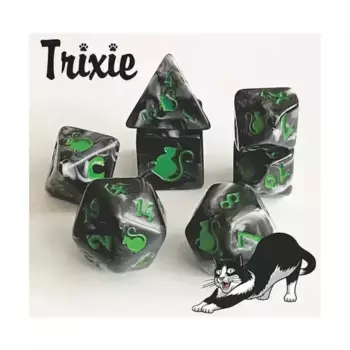 Набор кубиков — Трикси, черно-белый с зеленым (7), Kitty-Clacks Dice