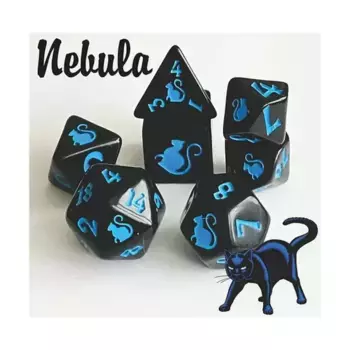 Набор кубиков — туманность, черный с синим (7), Kitty-Clacks Dice