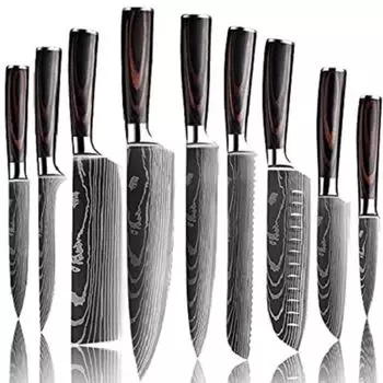 Набор кухонных ножей с лезвием - 9 шт./черный/коричневый KP18574 OEM, серебро