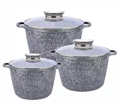 Набор мраморных кастрюль из 6 предметов 14 л + 10 л + 6,2 л со стеклянной крышкой, набор кастрюль с мраморным покрытием ZILNER ZL-8557, серый