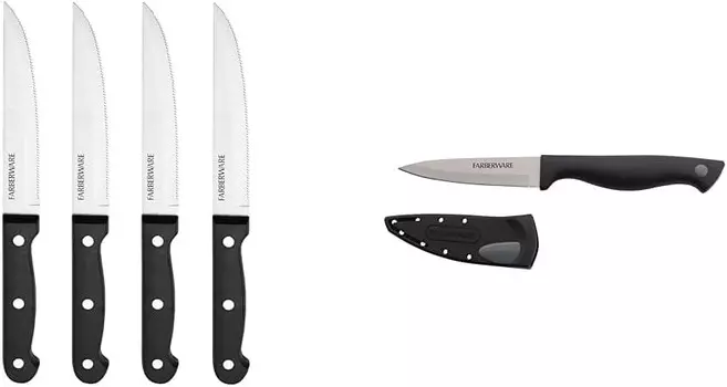 Набор ножей для стейка Farberware, нож для очистки овощей и точилка — 4 ножа из нержавеющей стали диаметром 4,5 дюйма с тройной заклепкой и самозатачивающееся лезвие из высокоуглеродистой стали диаметром 3,5 дюйма