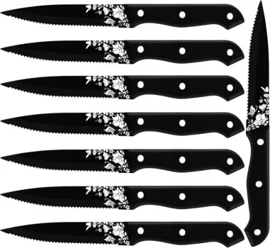 Набор ножей для стейка Stapava из 8 шт., набор ножей для стейка из нержавеющей стали, черный, острые зубчатые обеденные ножи, матовые с лазерным рисунком для кухни, ресторана, пикника, барбекю, можно мыть в посудомоечной машине, Black