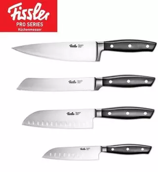 Набор ножей Fissler профессиональный нож Santoku 13см + 16см и нож для хлеба 18см + поварской нож 19см 4 предмета (нержавеющие, приклепанные ручки, можно мыть в посудомоечной машине, нож для овощей)