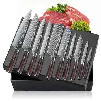 Набор ножей из 10 предметов, профессиональный кухонный нож, элегантный дизайн лазерной татуировки, нержавеющая сталь 7CR17 - нержавеющая сталь ZENG