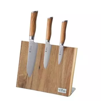 Набор оливковых ножей Wakoli из 3 дамасских ножей с ручками из оливкового дерева, включая магнитную доску для ножей из дерева акации