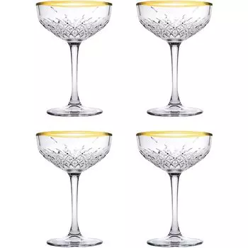 Набор Pasabahce из 4 бокалов для шампанского Timeless с элегантной золотой оправой, 270 мл, с эффектом хрусталя, для игристого вина, шампанского или в качестве десертного бокала, можно мыть в посудомоечной машине, прозрачный