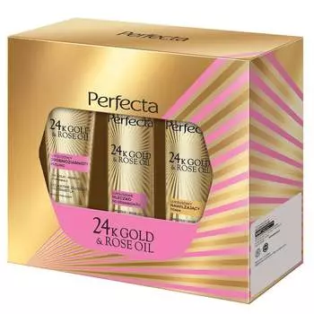 Набор Perfecta 24K Gold & Rose Oil мелкозернистый пилинг 75 г + увлажняющий тоник 200 мл + молочко для снятия макияжа 200 мл