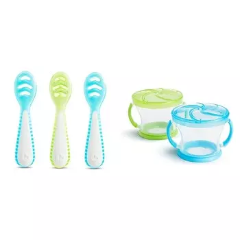 Набор первых ложек Munchkin Gentle Dip для отлучения ребенка от груди, для самостоятельного кормления, 3 упаковки и чашки для закусок для малышей, 2 упаковки, Blue/Green