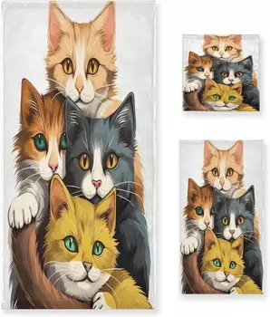 Набор полотенец из мягкого хлопка с кошками Coolnut 3 шт, разноцветный