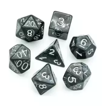 Набор Poly — черный матовый белый шелк с серебром (7), Dice Sets - Resin/Acrylic - Black, Grey, White, & Metallics (Foam Brain Games)