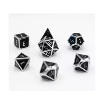 Набор Poly — оникс с серебряным тиснением (7), Dice Sets - Metal (Foam Brain Games)