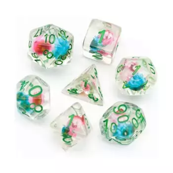 Набор Poly — синий и розовый звездчатый цветок с зеленым (7), Dice Sets - Resin/Acrylic - Rainbow & Multi-Colored (Foam Brain Games)