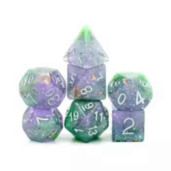 Набор Poly — зеленое и фиолетовое сокровище морского дна с серебром (7), Dice Sets - Resin/Acrylic - Blue, Green, & Purple (Foam Brain Games)